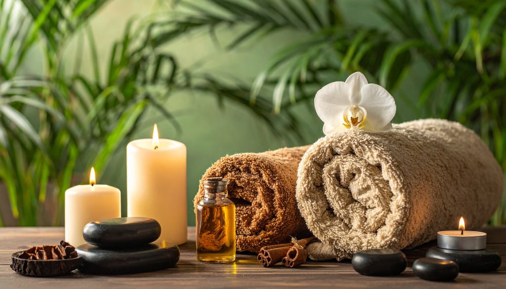 Spa scene of ferns, candles and towels